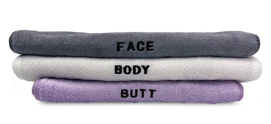 The Complete Washcloth Set  – 6 Piece - For Face, Body, and Butt - Purple, White, Grey