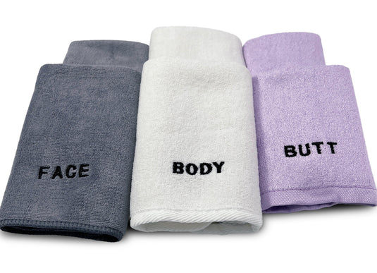 The Complete Washcloth Set  – 6 Piece - For Face, Body, and Butt - Purple, White, Grey
