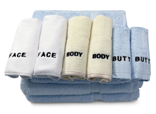 10 Piece - Towel Set for Face, Body, and Rear-end - 4 Different Fabrics -  By Crafty Cloth