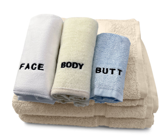 10 Piece - Towel Set for Face, Body, and Rear-end - 4 Different Fabrics -  By Crafty Cloth